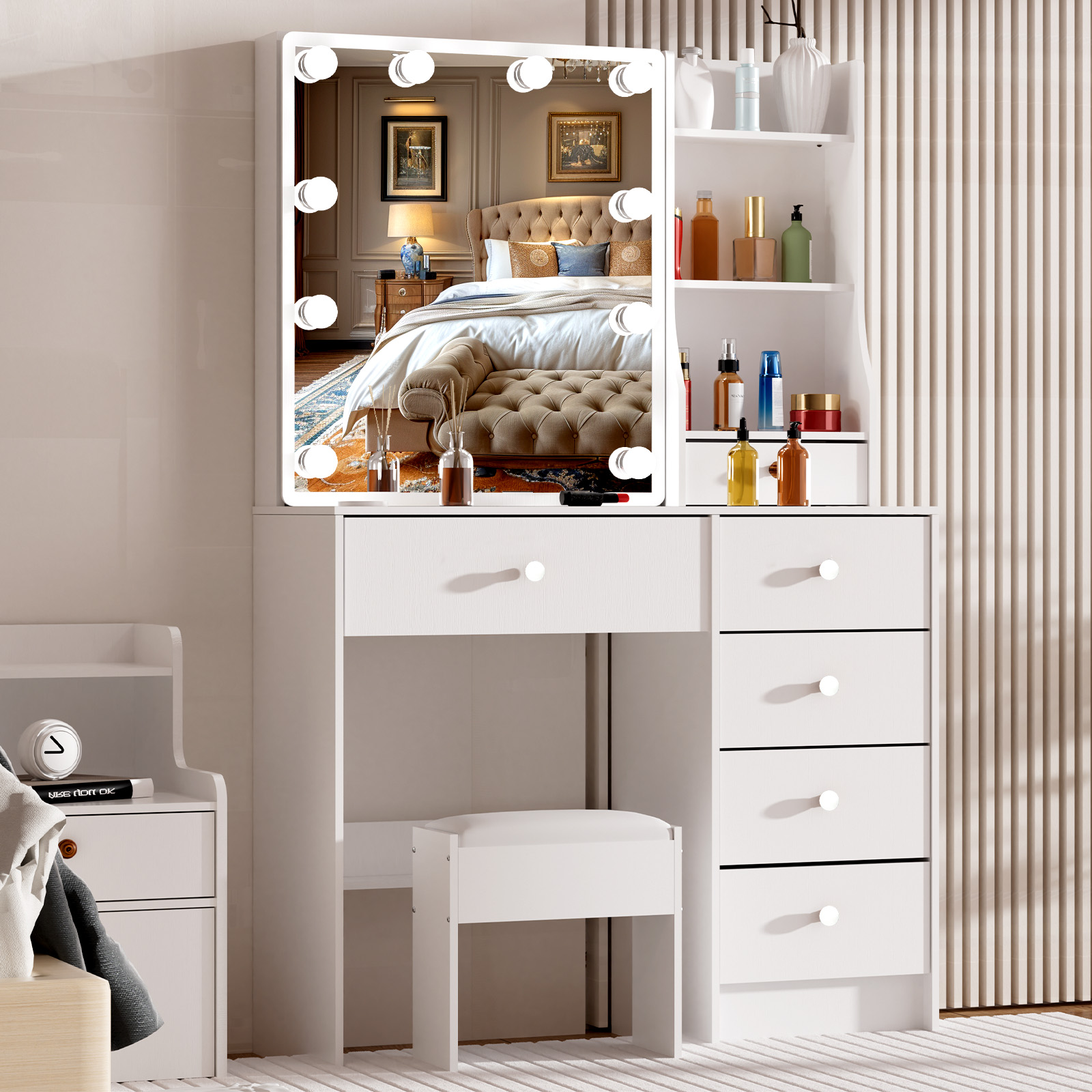 Office Furniture Okc - Moderne witte make-uptafel met LED-verlichte spiegel,