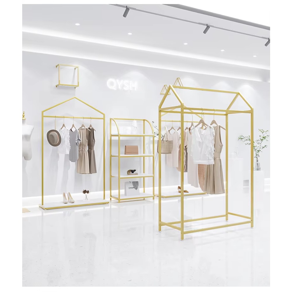 Coat Rack Standing - Gepolijste gouden roestvrijstalen kledingrek en display